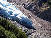 Gletscherzunge des Glacier des Bossons aus blankem Eis mit relativ scharfen Konturen (August 2003)