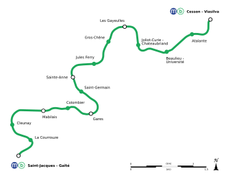 Ruta geográfica exacta de la línea B desde Saint-Jacques - Gaîté a Cesson - Viasilva.