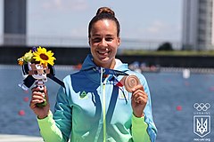 Liudmyla Luzan at the 2020 Summer Olympics podium (5).jpg