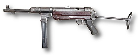 The MP40 9mm Parabellum submachine gun with stock extended.