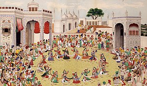 Maharaja Sher Singh receives Emir Dost Mohammad Khan Maharajah Sher Singh receiving Dost Muhammad Khan-Amir of Kabul in Lahore, Punjab, circa 1850 painting.jpg