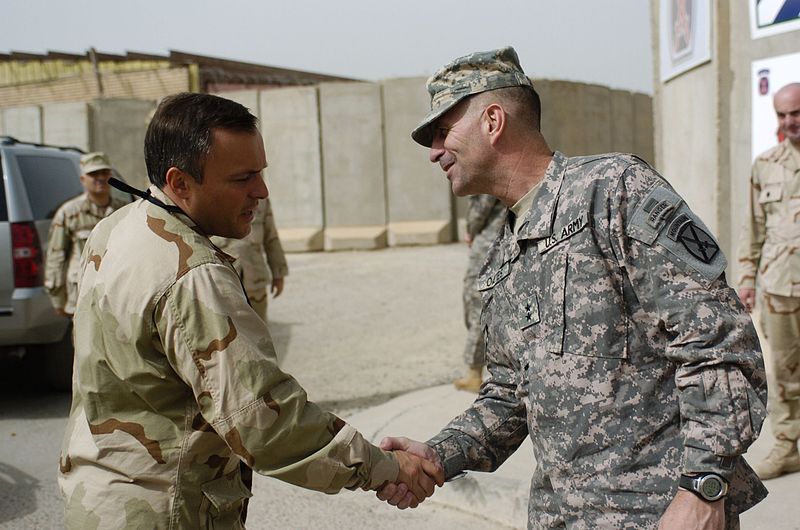 File:Major General Michael Oates, commander of Multi National Division Center and the 10th Mountain Division, greets Honorable Batu Kutelia, Georgian first deputy ministry of defence, during Kutelia's visit to Camp Victory (July 19, 2008).jpg