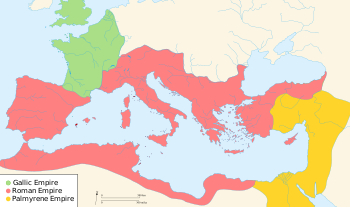 The Roman Empire suffered internal schisms, forming the Palmyrene Empire and the Gallic Empire Map of Ancient Rome 271 AD.svg