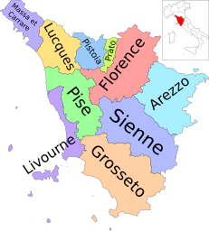 Mapa da região da Toscana, Itália, com provinces-fr.svg