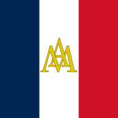 Franse vlag met de letters "AM" overlapt op zijn witte streep in gouden kleuren