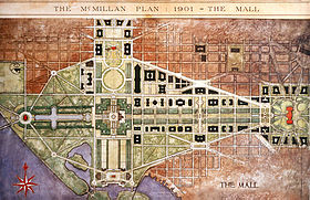 The National Mall was the centerpiece of the 1901 McMillan Plan. A central pathway traversed the length of the Mall. McMillan Plan.jpg