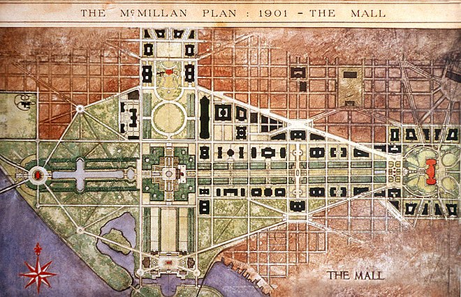 The National Mall was the centerpiece of the 1902 McMillan Plan. A central open vista traversed the length of the Mall.