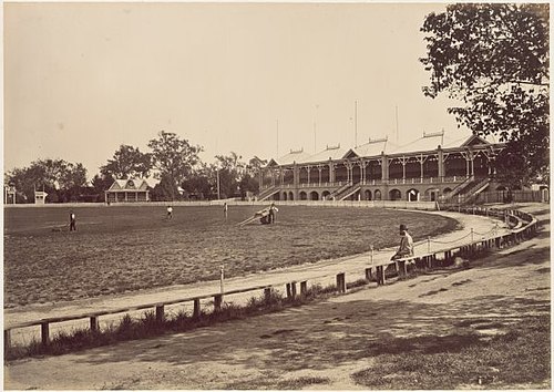 The MCG in 1878, a year after the first Test cricket match had been played there. By this time permission was being granted for the occasional football match to be played at the ground. Mcg 1878.jpg