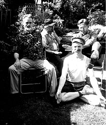 Bill Lewis, Sexton Ming, Robert Earl and Billy Childish (in yoga position), August 2003 Medway Poets 2003.jpg