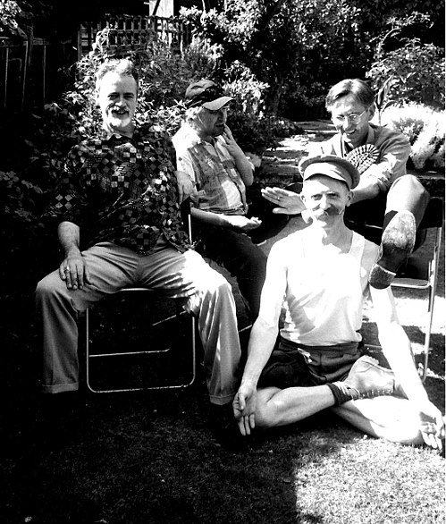 Bill Lewis, Sexton Ming, Robert Earl and Billy Childish (in yoga position), August 2003