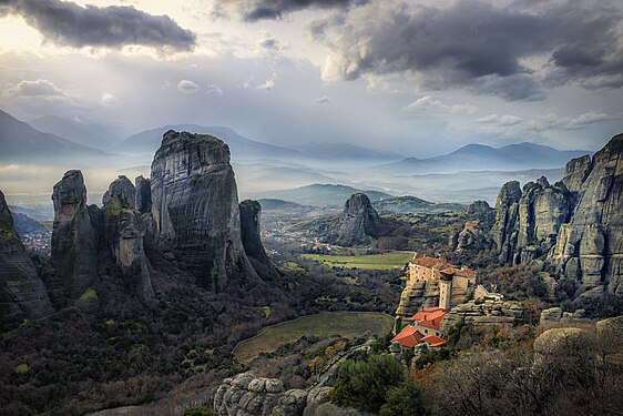 Meteora rock formation with monasteries on top of them, Greece Stathis Floros