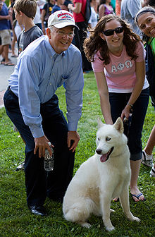 The canine Jonathan XIII with former president of UConn, Michael Hogan MichaelHoganWithJonathan.jpg
