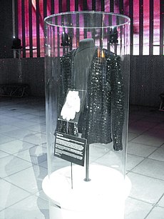 A sparkly jacket and gloves, displayed inside a transparent vertical tube.