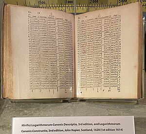 The 19 degree pages from Napier's 1614 table. The left hand page covers angle increments of 0 to 30 minutes, the right hand page 30 to 60 minutes Napier's Mirici Logarithmorum table for 19 deg.agr.jpg
