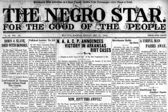 Front page of The Negro Star on December 17, 1920, announcing the NAACP's declaration of victory in the Elaine Race Riot cases Negro Star front page Dec 17 1920.png