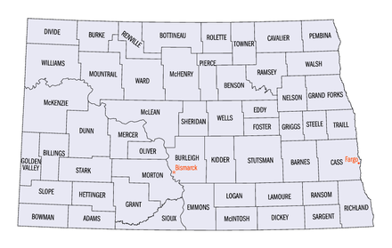 An enlargeable map of the 53 counties of the state of North Dakota