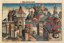 Milan as it appeared in 1493, woodcut from the Nuremberg Chronicle Nuremberg chronicles f 72r 1.png