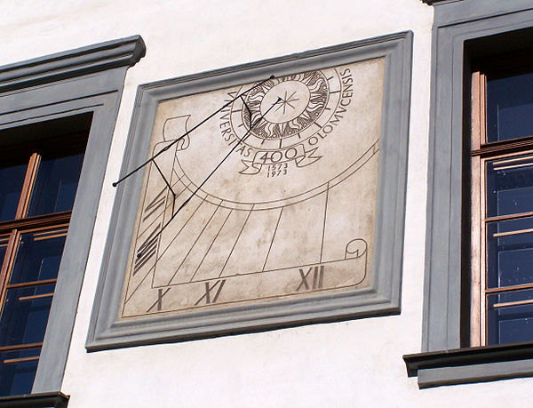 A sundial commemorating the quatercentenary of Olomouc University (1573–1973) on the facade of the Rector's Office Building