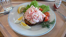A rekesmorbrod with mayonnaise, shrimp and garnish Open Faced Shrimp Sandwich.jpg