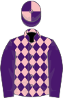 Purple and pink diamonds, purple sleeves, quartered cap