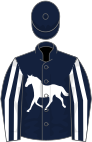 Dark blue, white horse, dark blue sleeves, white stripes, dark blue cap