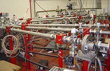 Beamlines leading from the Van de Graaff accelerator to various experiments, in the basement of the Jussieu Campus in Paris. Particle accelerator DSC09089.JPG