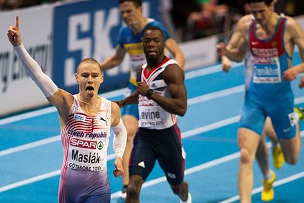 The leading Czech athlete, Pavel Maslák, winning his European indoor title in 2013