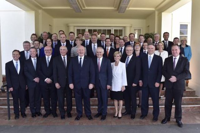 Governor-General Sir Peter Cosgrove with first arrangement of newly appointed ministers to the Turnbull ministry