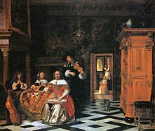 Linkes Bild: Pieter de Hooch, Portrait einer musizierenden Familie, 1663, Cleveland Museum of Art Rechtes Bild: Teppich vom „Siebenbürgen-Typ“ 17. Jh., Nationalmuseum Warschau