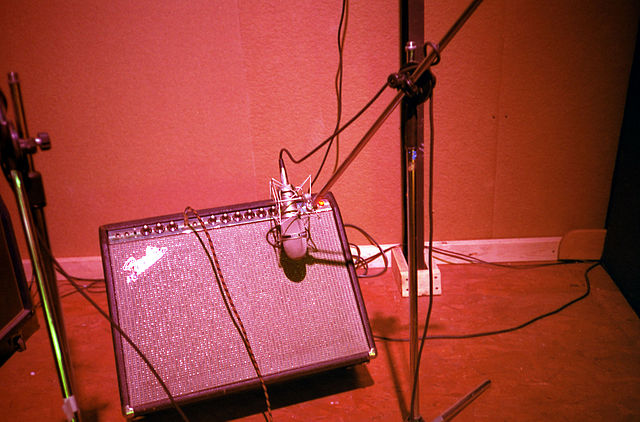A Fender "combo" amplifier. The combination amplifier is a preamplifier, power amplifier and tone controls and one or more loudspeakers or drivers mou