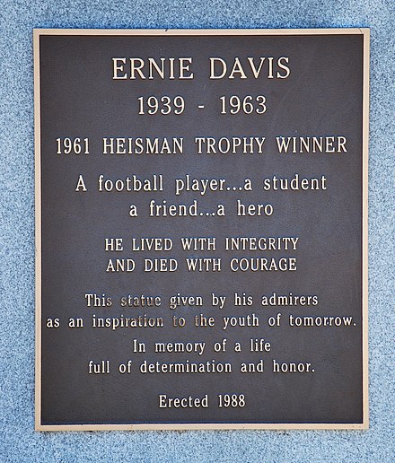 Plaque on statue, Ernie Davis Academy, Elmira, New York