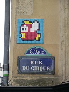 Pixel art outside the virtual domain using mosaic tiles by Invader Plaque rue du Cirque a Paris.JPG