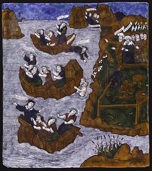 A rowing competition is recounted in the Aeneid, illustrated in this sixteenth-century plaque