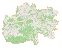 Mapa konturowa powiatu limanowskiego, blisko dolnej krawiędzi po lewej znajduje się punkt z opisem „Wolnica”