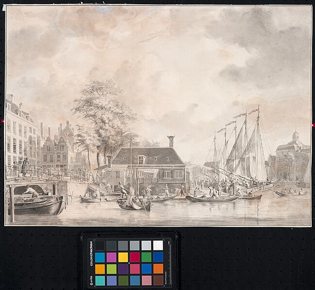 File:Prent schepen in de Leuvehaven met links de Soetenbrug over de Steigersgracht, op de achtergrond de Zeevischmarktmarkt en rechts de Lutherse Kerk 1793 - 1797.jpg