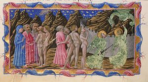 L'abbraccio tra Virgilio e Sordello da Goito, nel canto sesto del Purgatorio dantesco, Priamo della Quercia, 1440 circa. Nel canto Dante incontrò Gano Scornigiani.