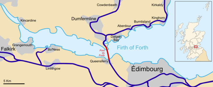 Localisation du pont du Forth au sein de l’Écosse et du réseau ferroviaire actuel.