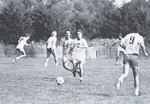 RIT men's soccer players practicing in 1981 RIT soccer, RIT NandE Vol13Num27 1981 Sep10 Complete.jpg