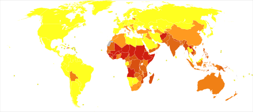 Rabies world map-Deaths per million persons-WHO2012