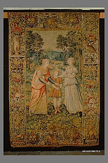 Tapestry depicting Rachel, Dan and Bilhah. Jacob was Rachel's husband, and Bilhah was Rachel's handmaid; Rachel "gives" Bilhah to her husband and he has two sons by Bilhah: Dan and Naphtali. Rachel and Bilhah with Dan from The Story of Jacob series MET AR1423.jpg