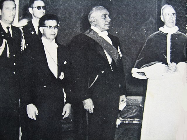 R. Trujillo (second from right) and J. Balaguer (third from right) being received in audience by Pope Pius XII (far right) in 1955