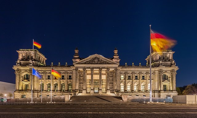 The German Unity Flag is a national memorial to German reunification that was raised on 3 October 1990; it waves in front of the Reichstag building in
