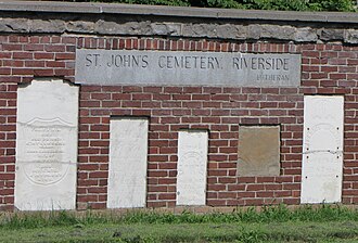 Mounted tombstones from St. John's Cemetery, Pioneer Memorial Riverside, St. John's Cemetery.jpg