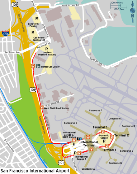 Map of the airport. Since 2019 there is an extra stop south of the International Garage A, where Grand Hyatt stands.