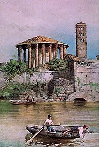 Pintura de Ettore Roesler Franz (c. 880) mostrando o Templo de Hércules em primeiro plano e o campanário de Santa Maria in Cosmedin ao fundo.
