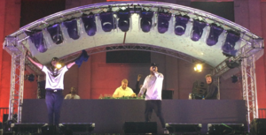 Showtek (Sjoerd behind the decks; Wouter right sided) and singer GC playing live at Airbeat One Festival 2017.