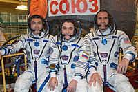 Sojuz TMA-11M:n miehistö alkaen vasemmalta: Wakata, Tjurin ja Mastracchio.