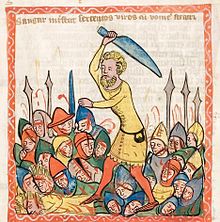 The judge Shamgar slaughters 600 men with an ox goad. From a medieval German manuscript. Speculum Darmstadt 2505 31r Sangor.jpg