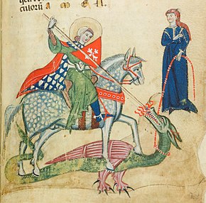 Manuscript illustration from Verona of Saint George slaying the dragon, dating to c. 1270 St George and the Dragon Verona ms 1853 26r.jpg
