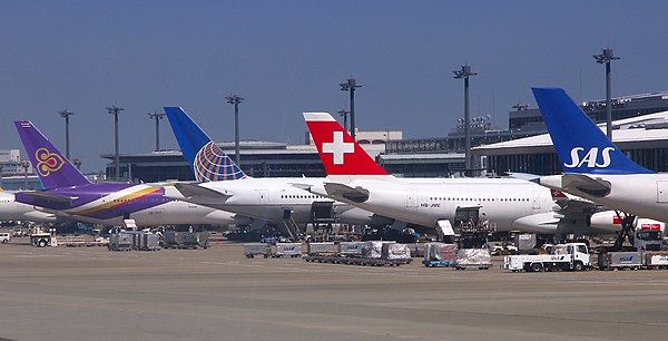 Four members of Star Alliance at Tokyo Narita Airport: Thai, United, Swiss and Scandinavian Airlines (SAS)